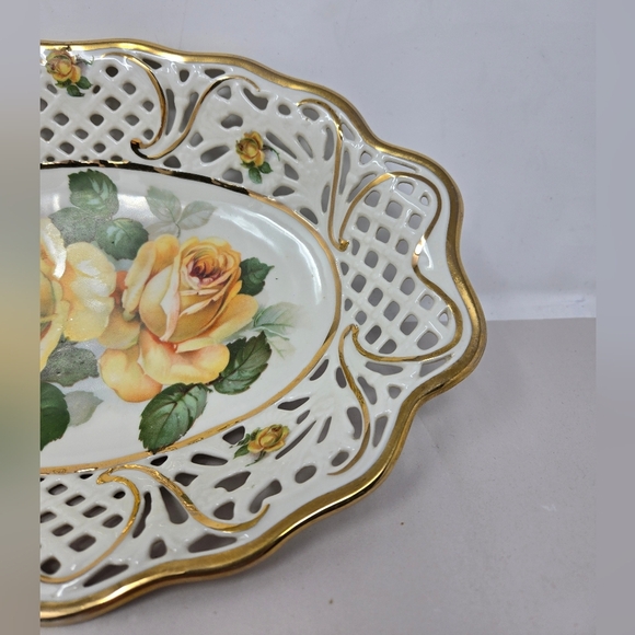 Schumann Bavaria Yellow Rose Serving Decor Dish Porcelain Perforated Edges - Picture 4 of 13